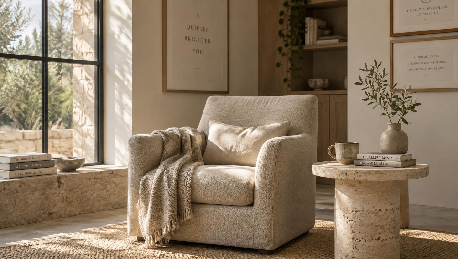 A calm, sunlit counselling studio with a linen armchair
